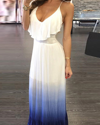 Stylish V Neck Backless White Blue Milk Fiber Ankle Length Dress