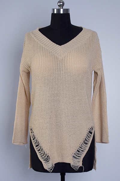 Stylish V Neck Long Sleeves Sides Split Cotton Blend A Line Mini Sweater Dress