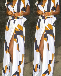 Stylish V Neck Printed High Split Cotton Ankle Length Dress