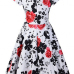 Stylish V Neck Short Sleeves Floral Print Red Cotton Blend Ball Gown Knee Length Dress