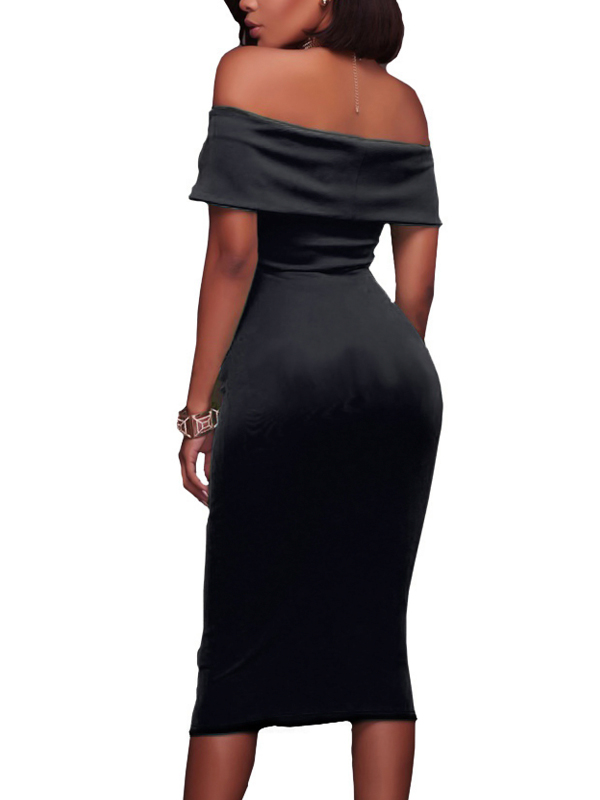 Trendy Dew Shoulder Black Cotton Sheath Knee Length Dress (Without Accessories)
