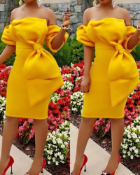 Trendy Dew Shoulder Bow-tie Decoration Yellow Polyester Knee Length Dress