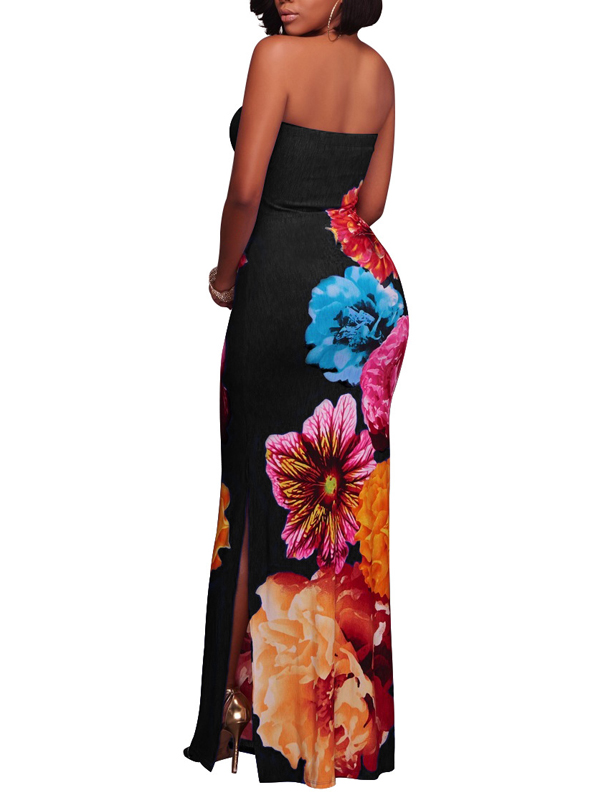 Trendy Dew Shoulder Floral Print Black Polyester Sheath Ankle Length Dress