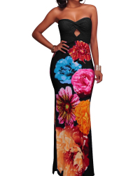 Trendy Dew Shoulder Floral Print Black Polyester Sheath Ankle Length Dress
