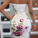 Trendy Dew Shoulder Floral Print White Milk Fiber Sheath Knee Length Dress(Without Choker)