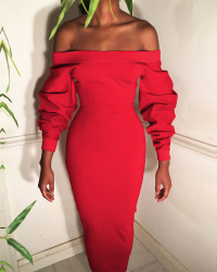 Trendy Dew Shoulder Long Sleeves Red Polyester Sheath Mid Calf Dress