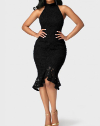 Trendy Mandarin Collar Lace Trim Patchwork Black Mermaid Knee Length Dress