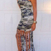 Trendy O Neck Tank Sleeveless Tassel Design Camouflage Color Qmilch Sheath Ankle Length Dress