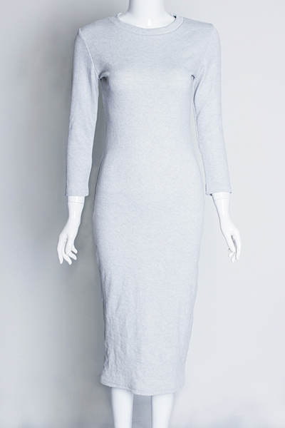 Trendy Round Collar Long Sleeves Grey Polyester Sheath Knee Length Dress