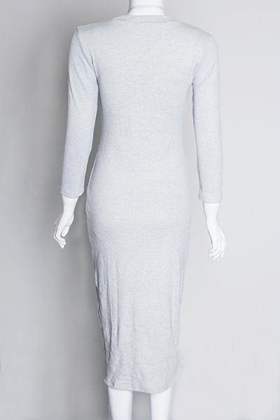 Trendy Round Collar Long Sleeves Grey Polyester Sheath Knee Length Dress