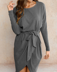 Trendy Round Neck Long Sleeves Asymmetrical Grey Sweater Knee Length Dress