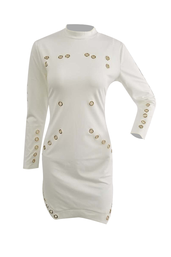 Trendy Round Neck Long Sleeves Hollow-out White Healthy Fabric Sheath Mini Dress