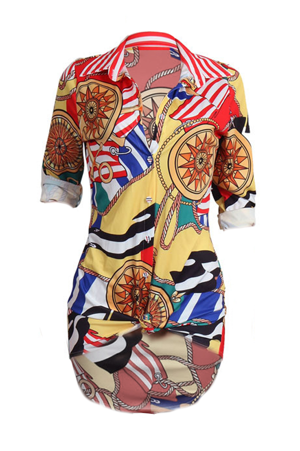 Trendy Turndown Collar Printed Healthy Fabric Mini Dress(Without Belt)