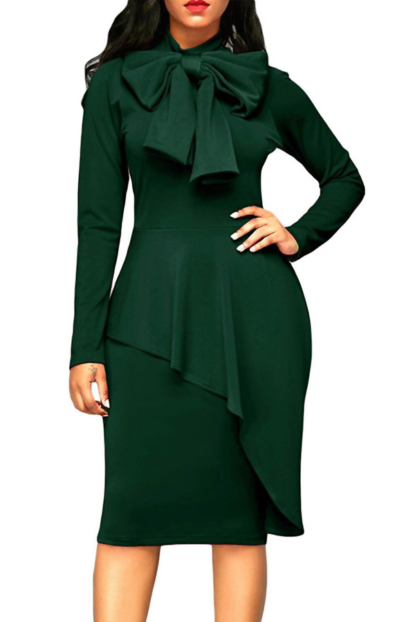 Trendy Turtleneck Bow-Tie Design Green Polyester Sheath Knee Length Dress