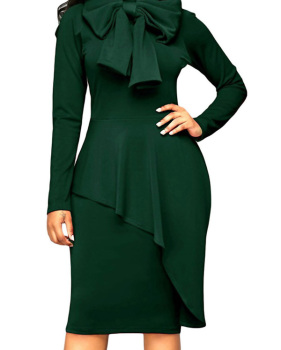 Trendy Turtleneck Bow-Tie Design Green Polyester Sheath Knee Length Dress