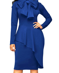 Trendy Turtleneck Bow-Tie Design Navy Blue Polyester Sheath Knee Length Dress