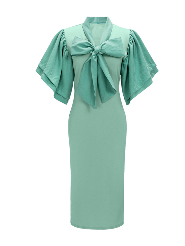 Trendy V Neck Half Sleeves Bow-tie Decoration Green Cotton Sheath Knee Length Dress