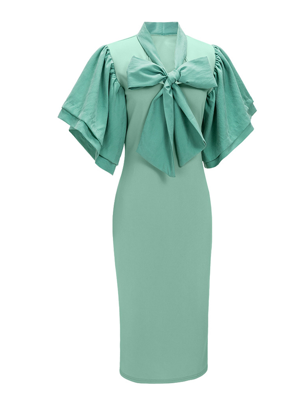 Trendy V Neck Half Sleeves Bow-tie Decoration Green Cotton Sheath Knee Length Dress