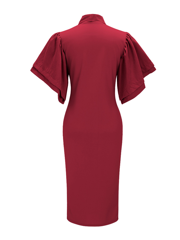 Trendy V Neck Half Sleeves Bow-tie Decoration Red Cotton Sheath Knee Length Dress