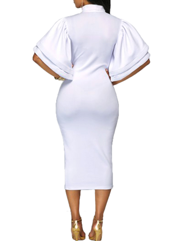 Trendy V Neck Half Sleeves Bow-tie Decoration White Cotton Sheath Knee Length Dress