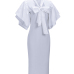 Trendy V Neck Half Sleeves Bow-tie Decoration White Cotton Sheath Knee Length Dress