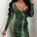 Trendy V Neck Long Sleeves Snakeskin Printing Green Milk Fiber Sheath Mini Dress