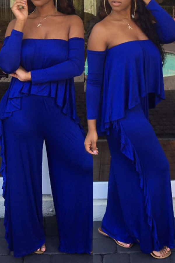  Casual Strapless Fold Design Blue Polyester One-piece Jumpsuits