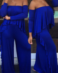  Casual Strapless Fold Design Blue Polyester One-piece Jumpsuits