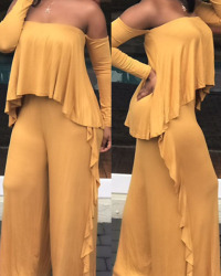  Casual Strapless Fold Design Yellow Polyester One-piece Jumpsuits