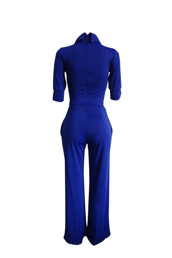  Chic Turtleneck Half Sleeves Blue Polyester One-piece Jumpsuits(With Belt)