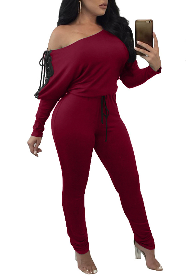 Euramerican Bateau Neck Lace-up Wine Red Polyester One-piece Jumpsuits