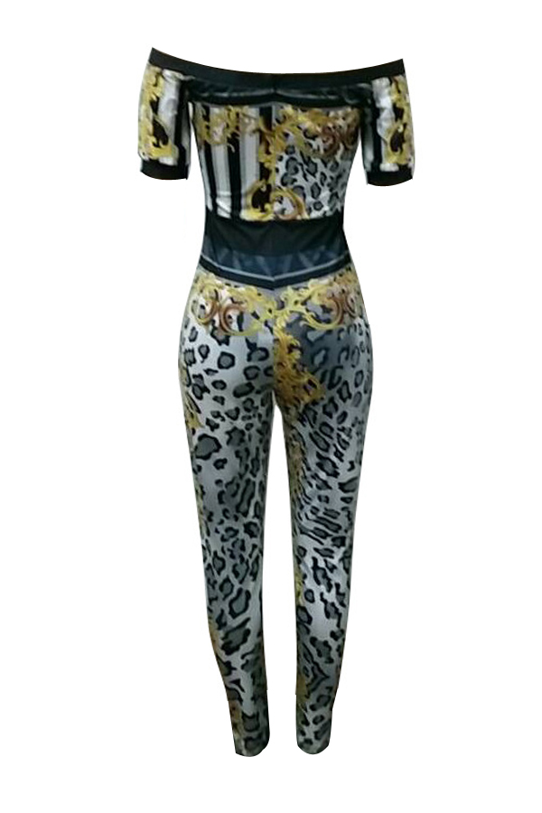  Euramerican Bateau Neck Leopard Printed One-piece Jumpsuits