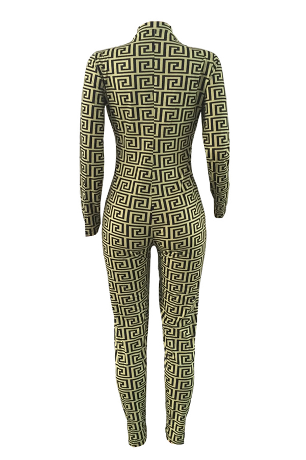  Euramerican Deep V Neck Geometric Printed Green Polyester One-piece Jumpsuits
