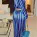  Euramerican Deep V Neck Striped Blue Polyester One-piece Jumpsuits