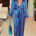  Euramerican Deep V Neck Striped Blue Polyester One-piece Jumpsuits