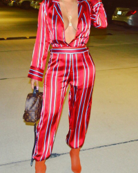  Euramerican Deep V Neck Striped Red Polyester One-piece Jumpsuits