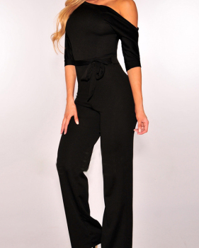  Euramerican Dew Shoulder Black Polyester One-piece Jumpsuits