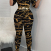  Euramerican Dew Shoulder Chain Printed Black Polyester One-piece Jumpsuits(Without Belt)