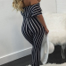  Euramerican Dew Shoulder Striped Black-white Polyester One-piece Skinny Jumpsuits