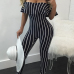  Euramerican Dew Shoulder Striped Black-white Polyester One-piece Skinny Jumpsuits
