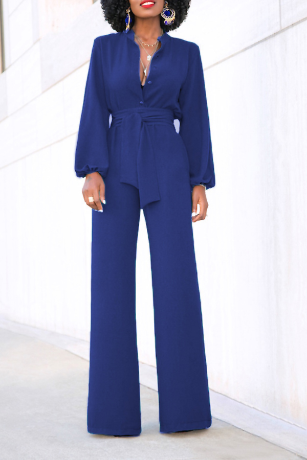  Euramerican Mandarin Collar Blue Spandex One-piece Jumpsuits