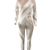  Euramerican Mandarin Collar Printed White Polyester One-piece Jumpsuits(Kind Prevail)