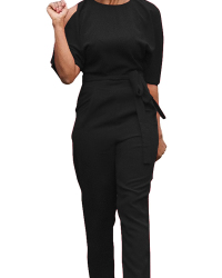  Euramerican Round Neck Dew Shoulder Black Polyester One-piece Jumpsuits