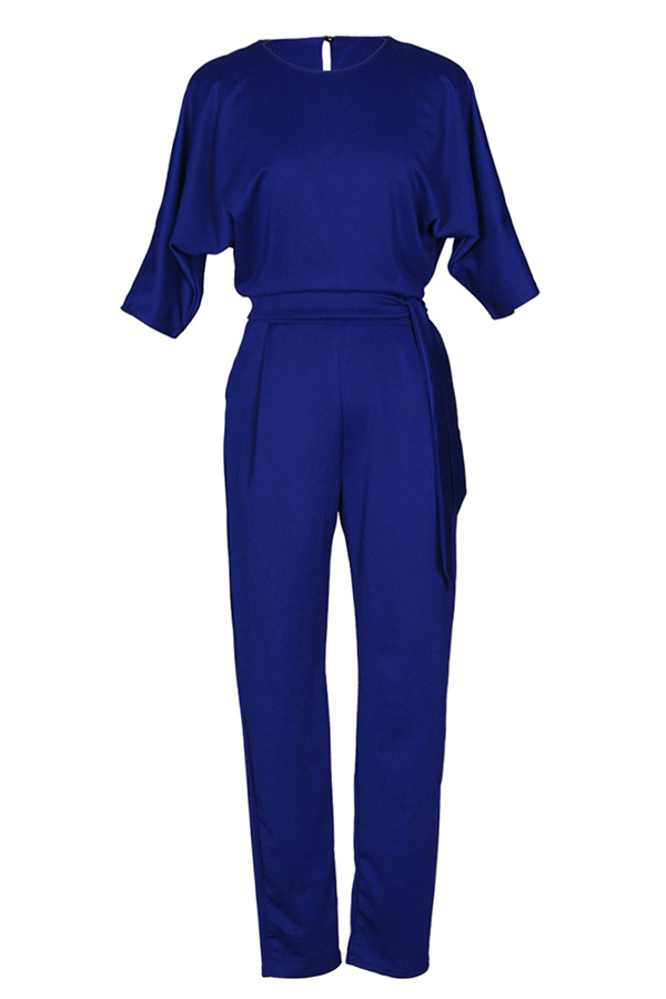  Euramerican Round Neck Dew Shoulder Blue Polyester One-piece Jumpsuits