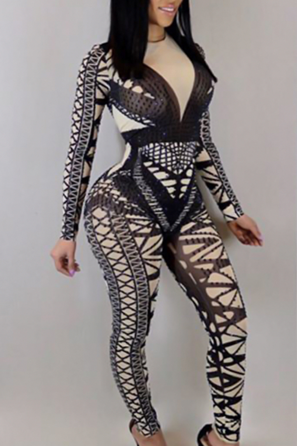  Euramerican Round Neck Geometric Printed Black Polyester One-piece Jumpsuits