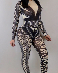  Euramerican Round Neck Geometric Printed Black Polyester One-piece Jumpsuits