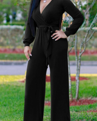  Euramerican V Neck Long Sleeves Black Polyester One-piece Jumpsuits(Without Belt)