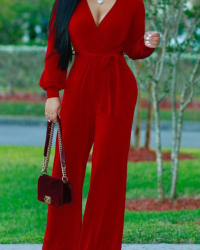  Euramerican V Neck Long Sleeves Red Polyester One-piece Jumpsuits(Without Belt)