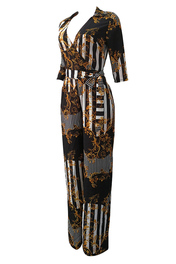 Euramerican V Neck Printed Polyester One-piece Jumpsuits