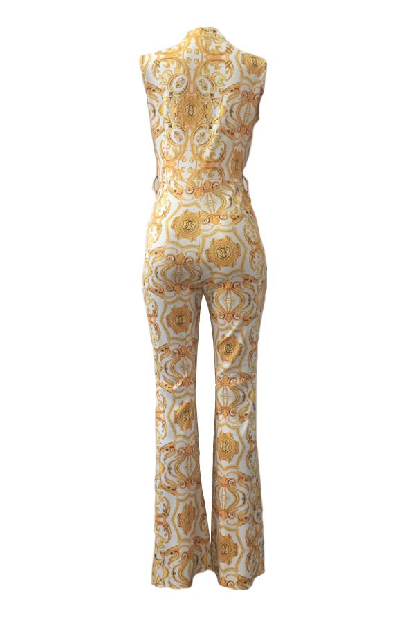  Euramerican V Neck Printed White Polyester One-piece Jumpsuits(Without Belt)